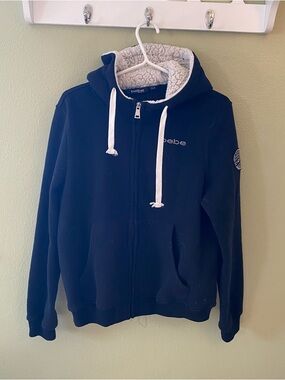 XL bebe Black Sherpa-Lined Zip Hoodie with White Drawstrings